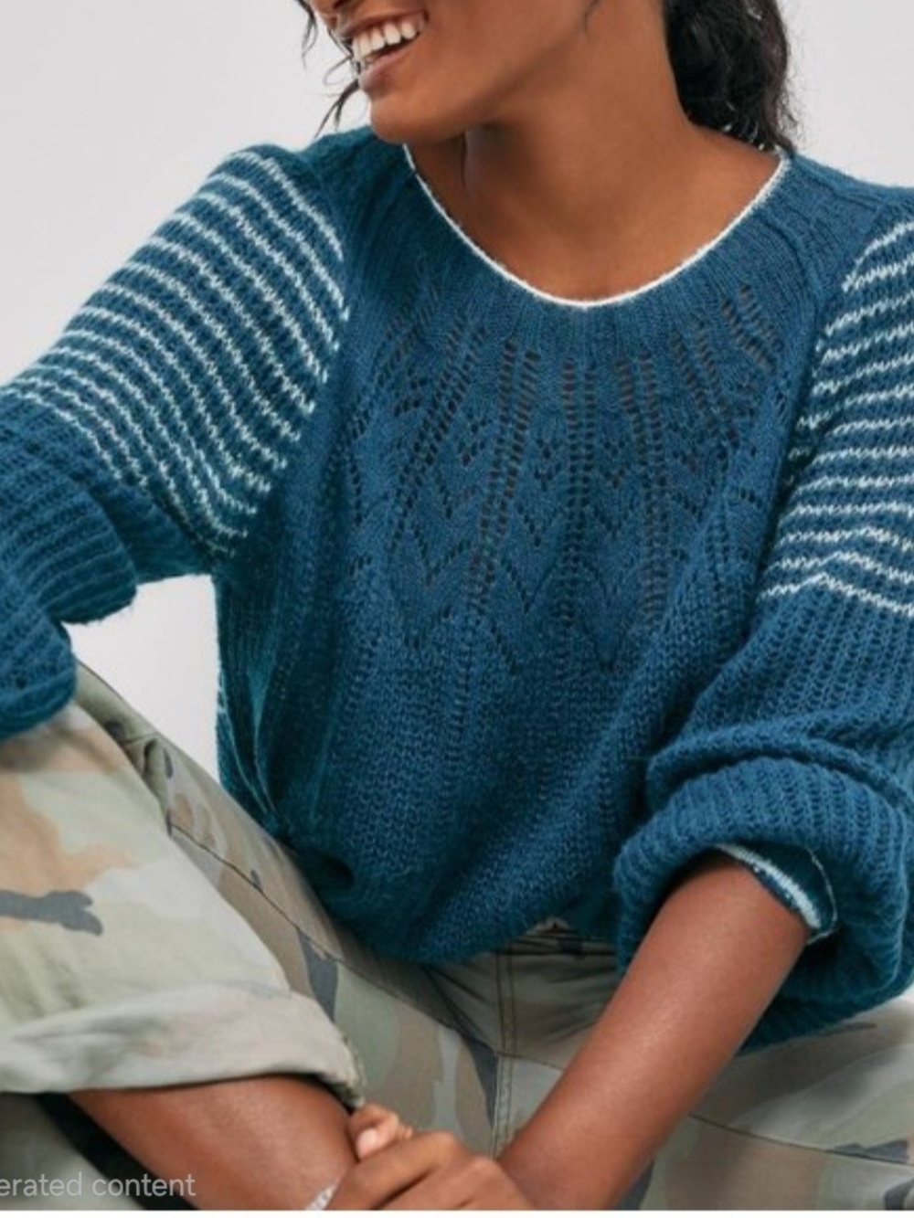 Anthropologie Maeve Lindsay Pointelle Knit Sweater NWT Blue Cream Striped